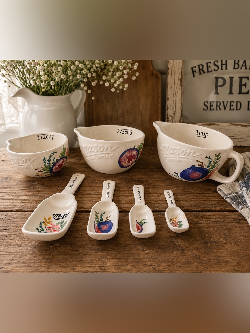 Mason Craft & More Floral Ceramic Measuring Cups & Spoons Farmhouse Cottage